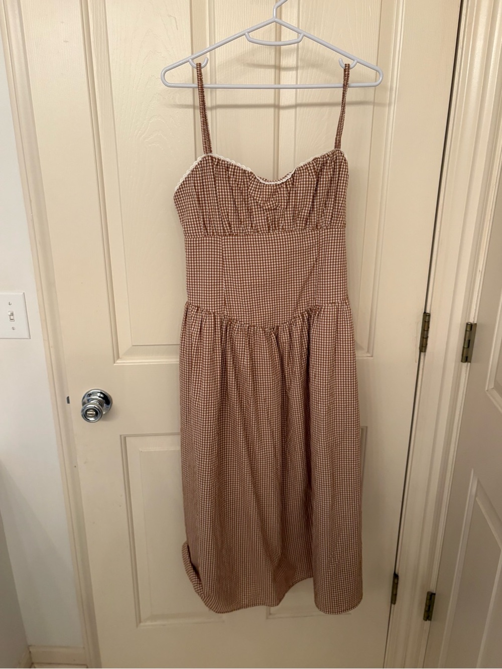 Target Beige Brown Gingham Spaghetti-Strap Midi Dress